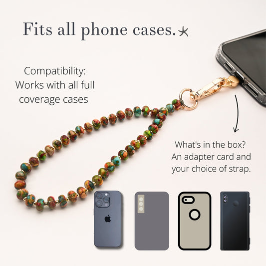 Graphic of Sedona beaded strap attached to a phone with compatible case types