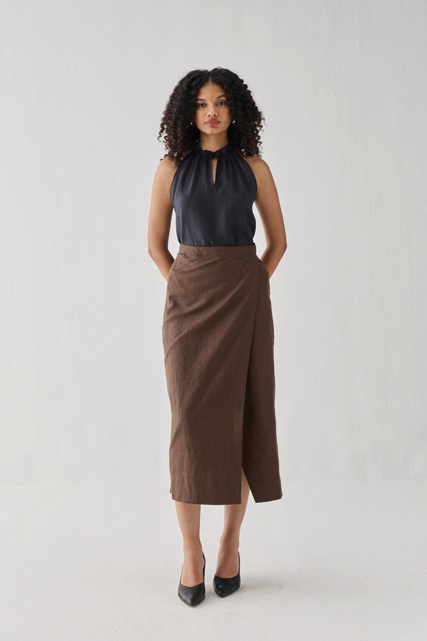 Fitted Overlap Midi Skirt in Brown