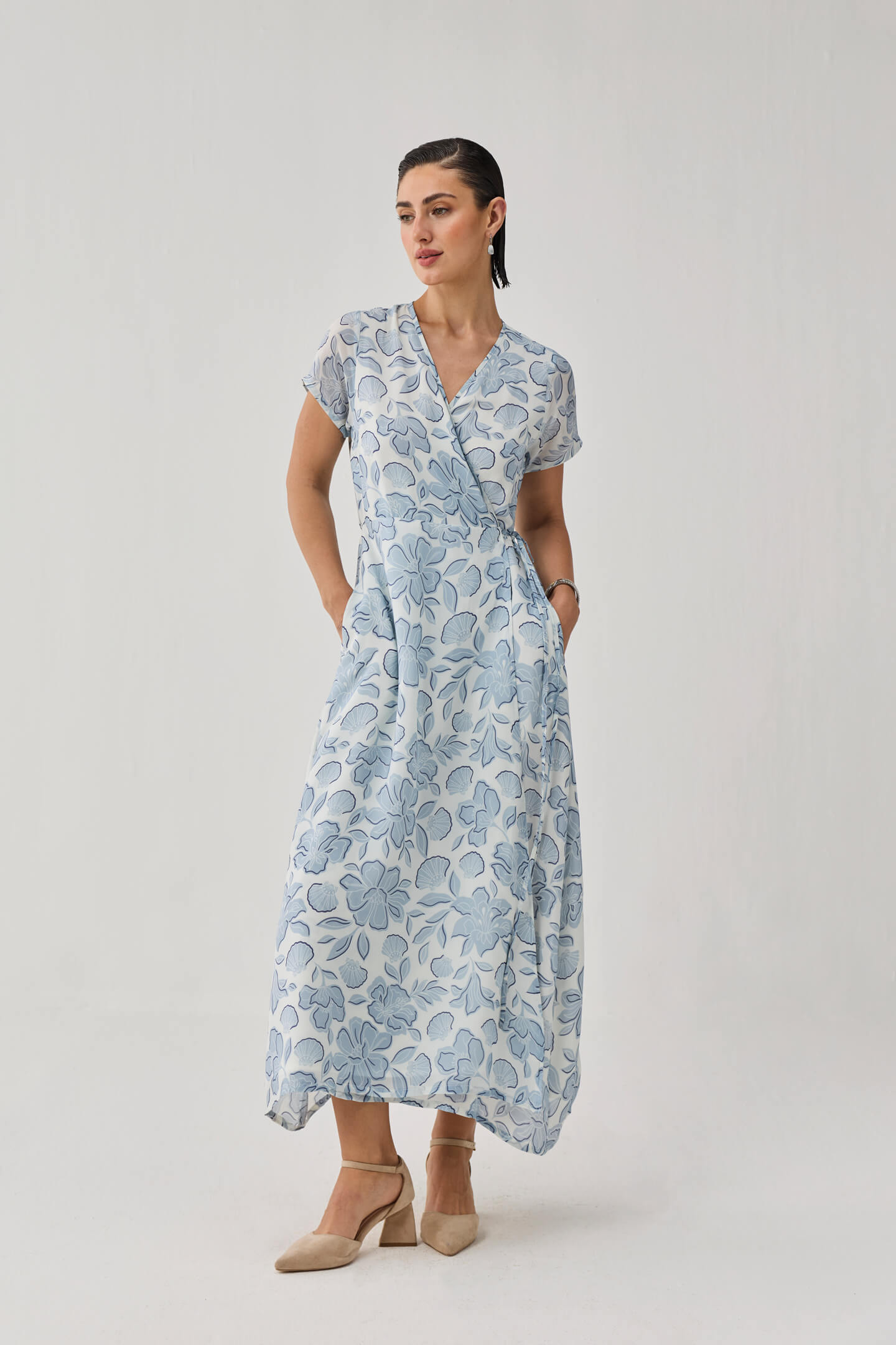 Maxi Wrap Dress in Soft Blue Florals