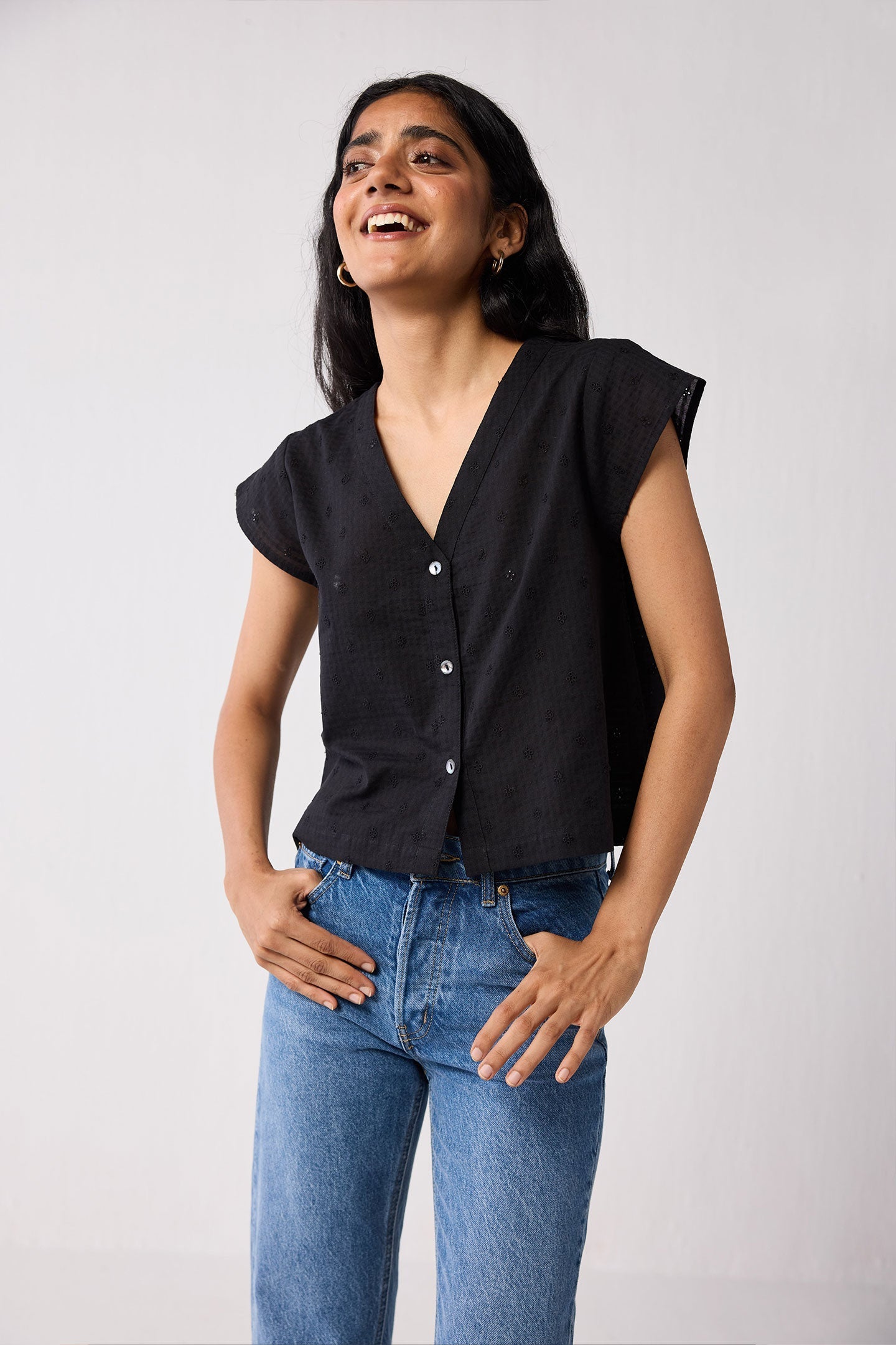 V-Neck Embroidered Top with Front Buttons in Black