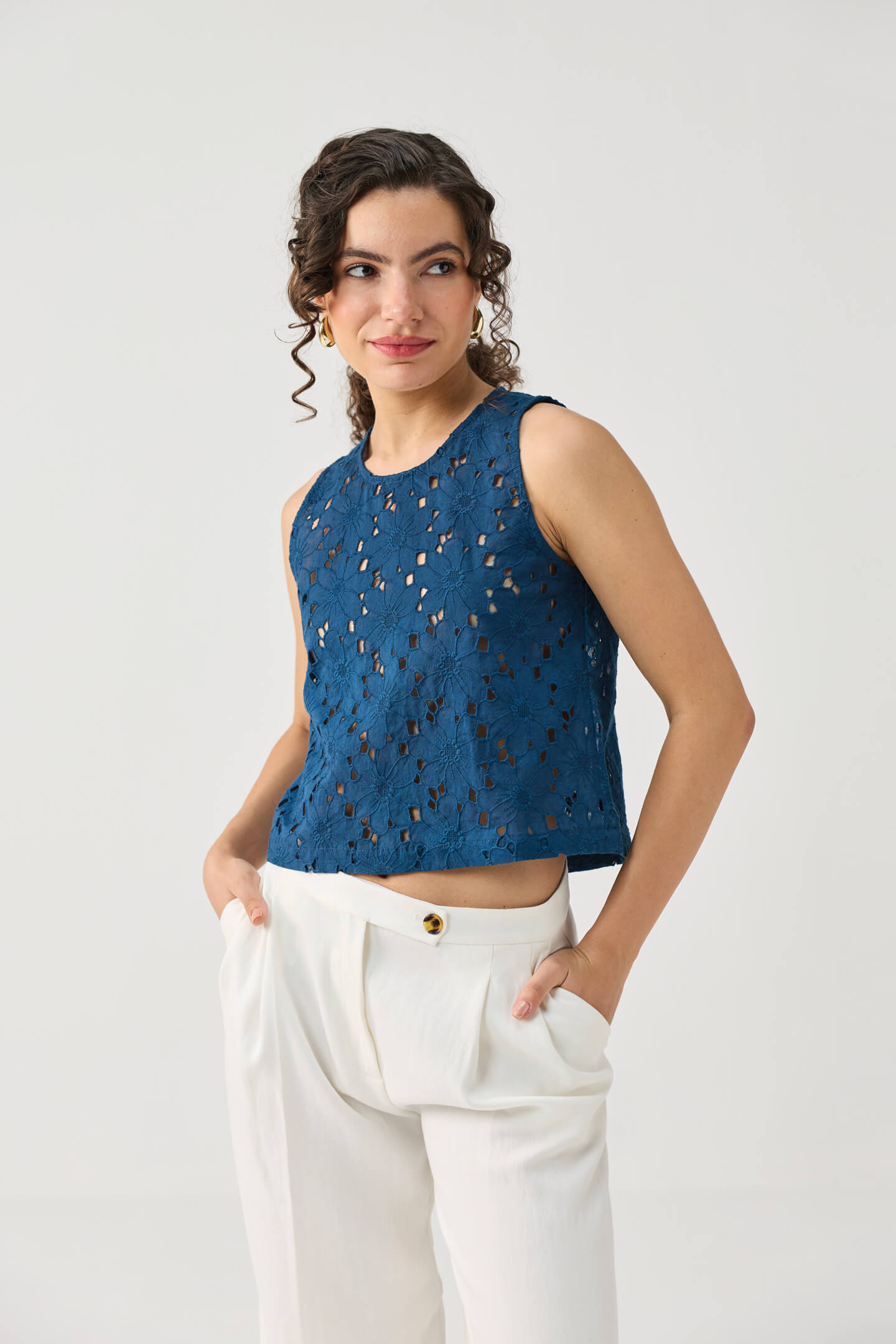 The Embroidered Button Back Top in Blue