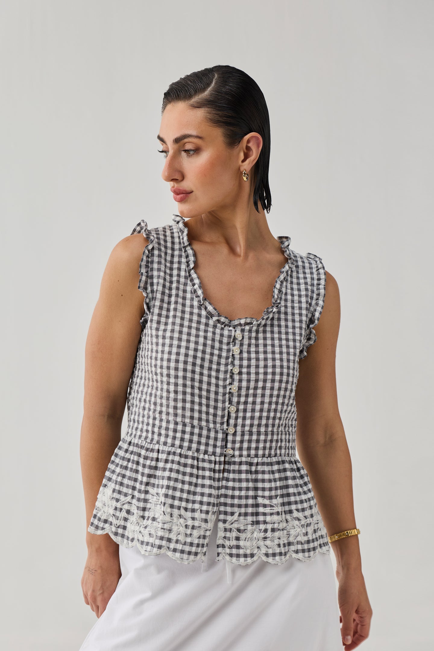 Embroidered Peplum Top in Grey Check