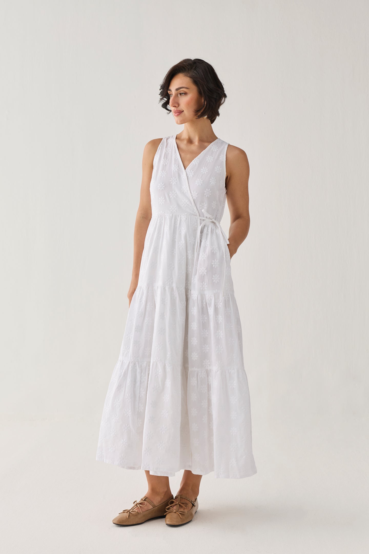 The Embroidered Tiered Wrap Maxi Dress