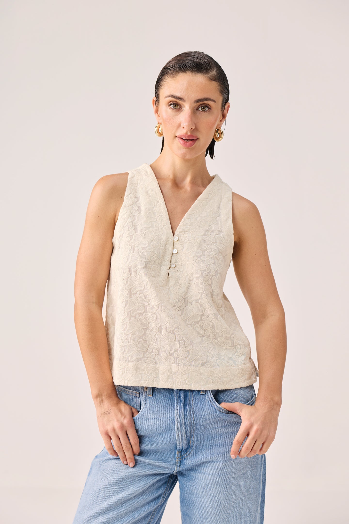 Embroidered Button Front Neck Top in Cream