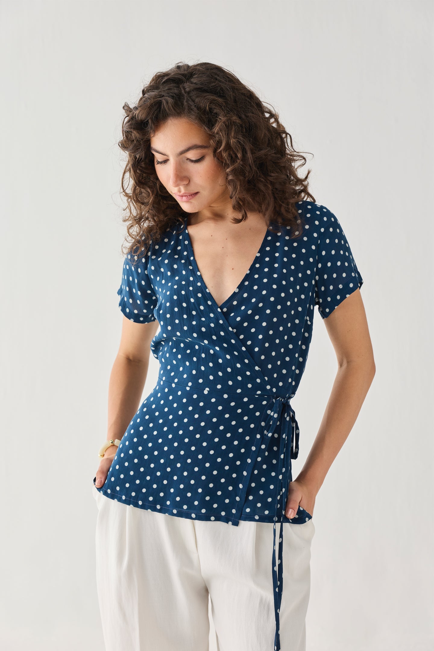 Wrap-Around Top in Navy Blue Polka