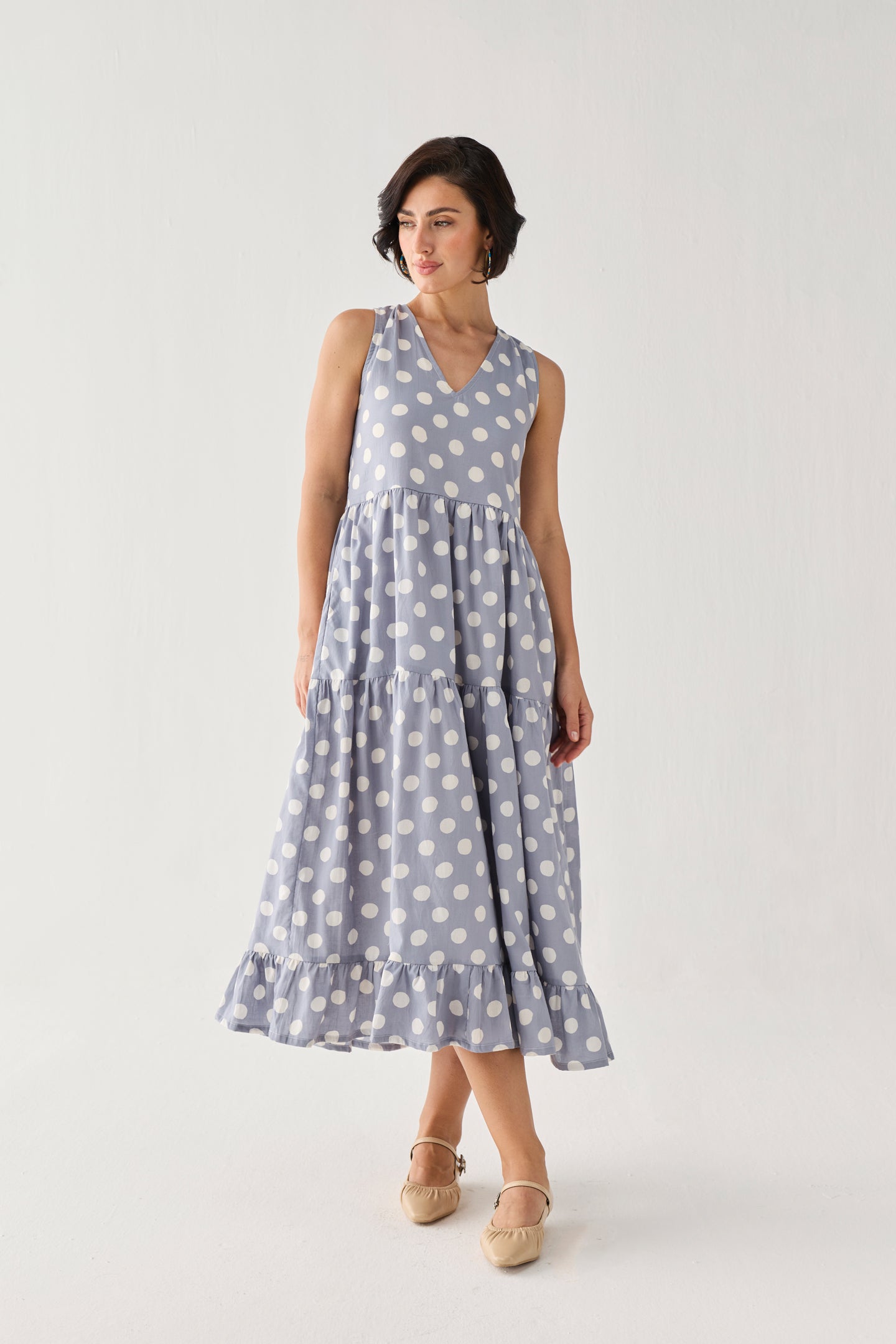 Tiered Midi Dress in Blue Polka