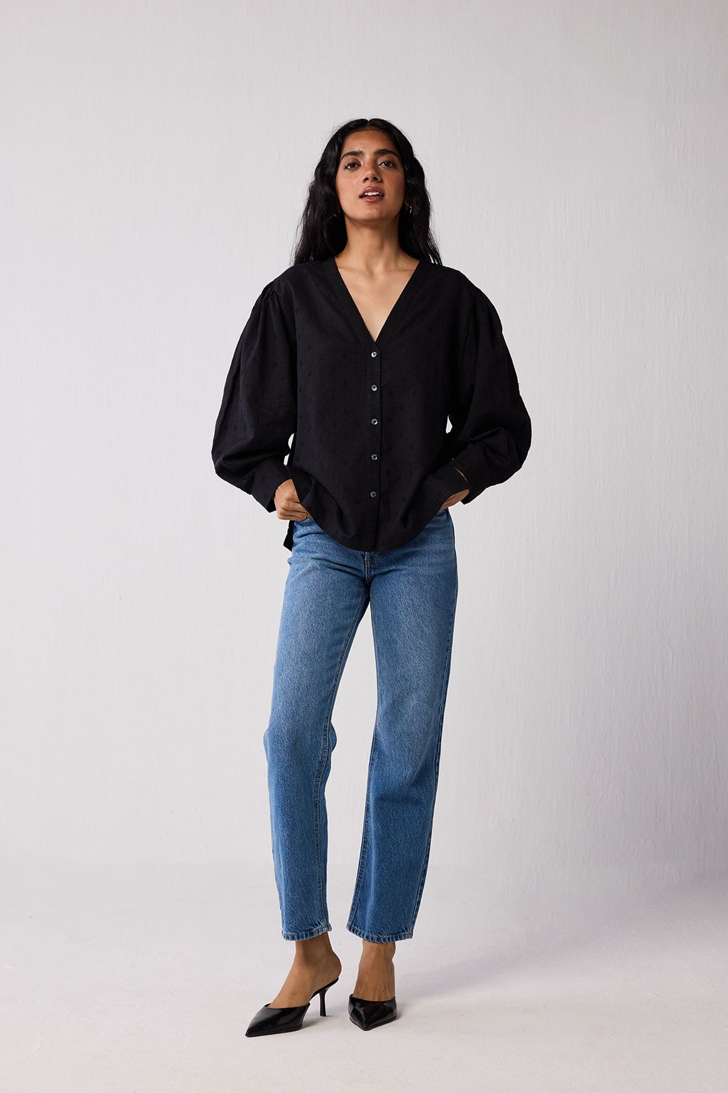 Embroidered Shirt with Long Balloon Sleeves in Black