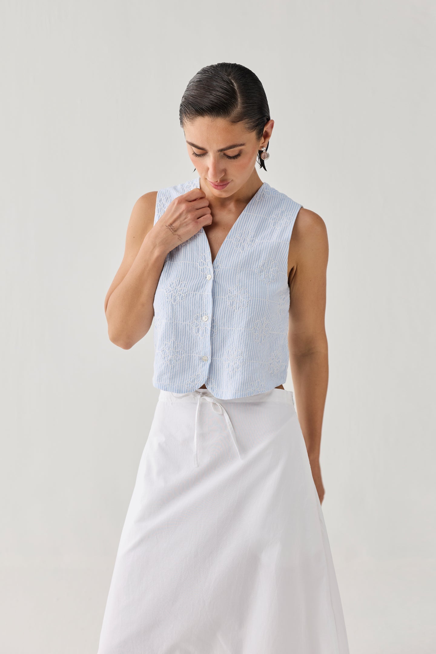 Embroidered Sleeveless Vest Top in Blue Stripe
