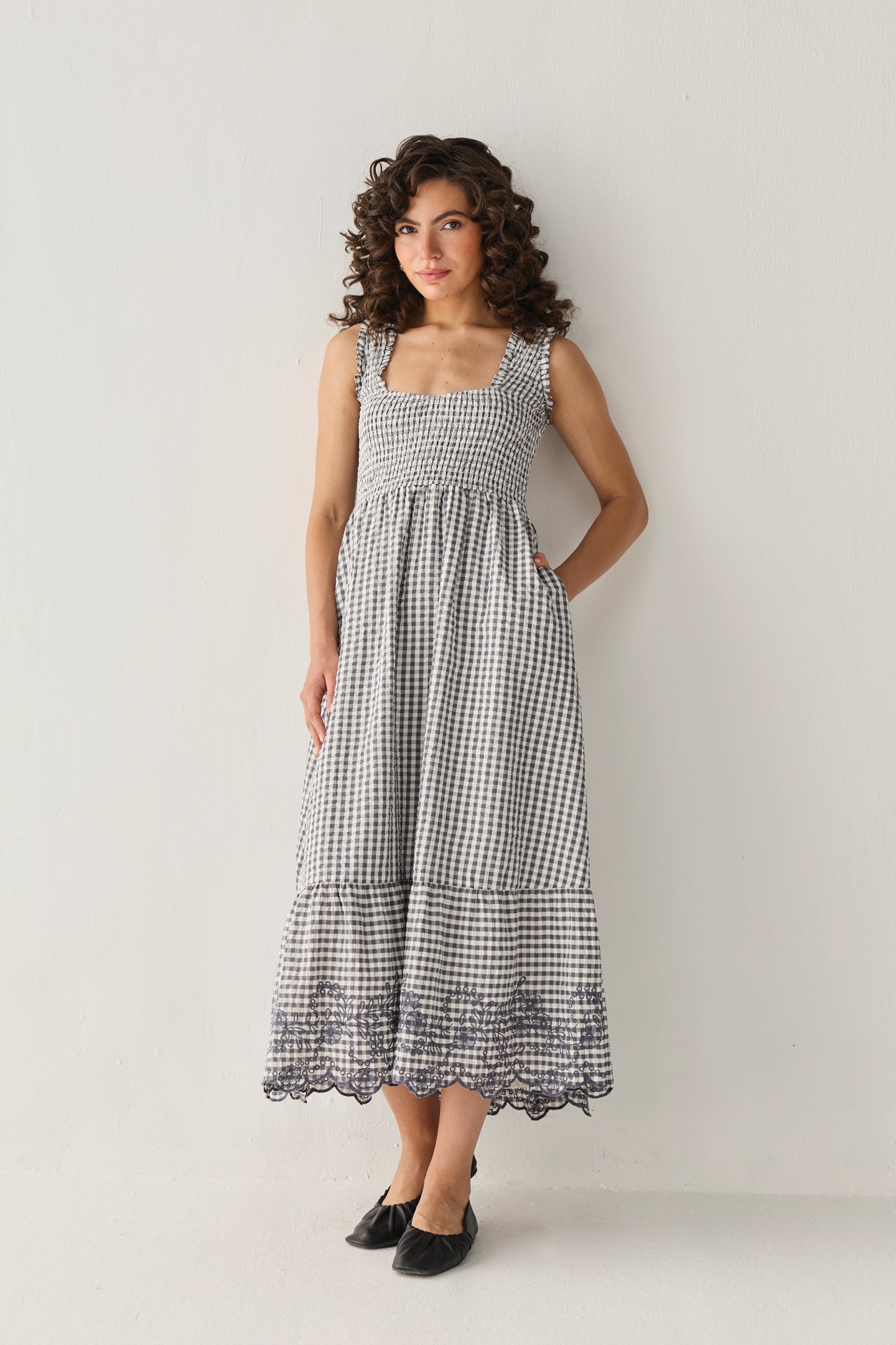 The Smocked Maxi Dress in Grey Check