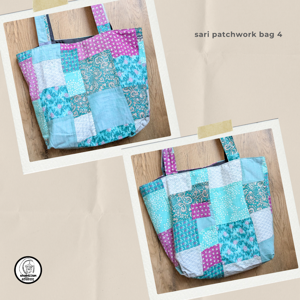 Sari patchwork bag with colorful patterns on a wooden surface