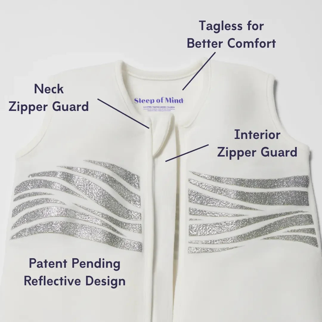 The Early Stages Bundle | 0 - 6 months is a white vest with silver reflective wave patterns, featuring clearly labeled areas: neck zipper guard, interior zipper guard, tagless construction for comfort, and a patent-pending reflective design. This innovative baby sleepwear from Sleep of Mind is designed for both safety and comfort, with the brand name visible inside the collar.