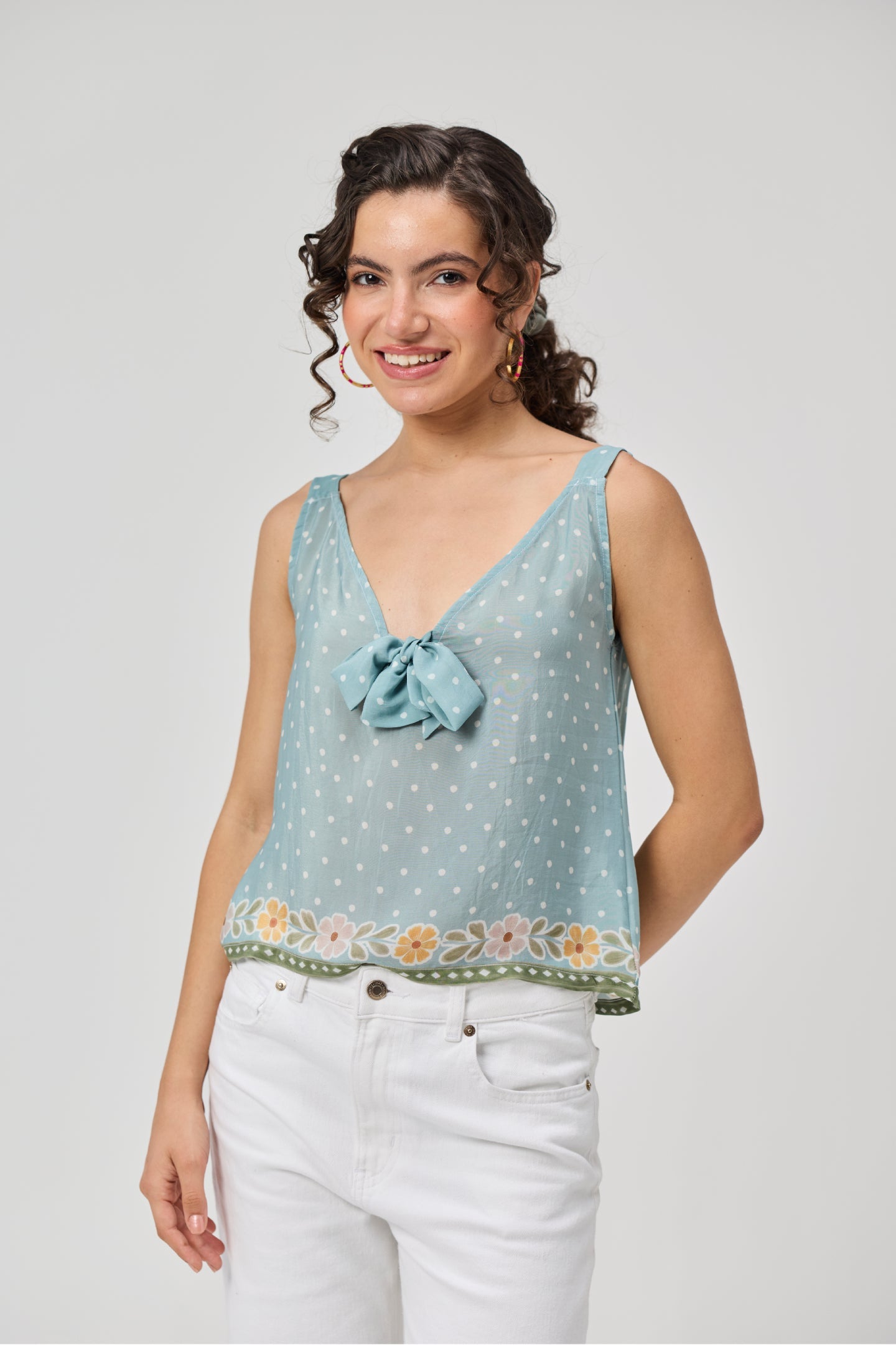 Deep V-Neck Polka Dot Top with Bow Detail
