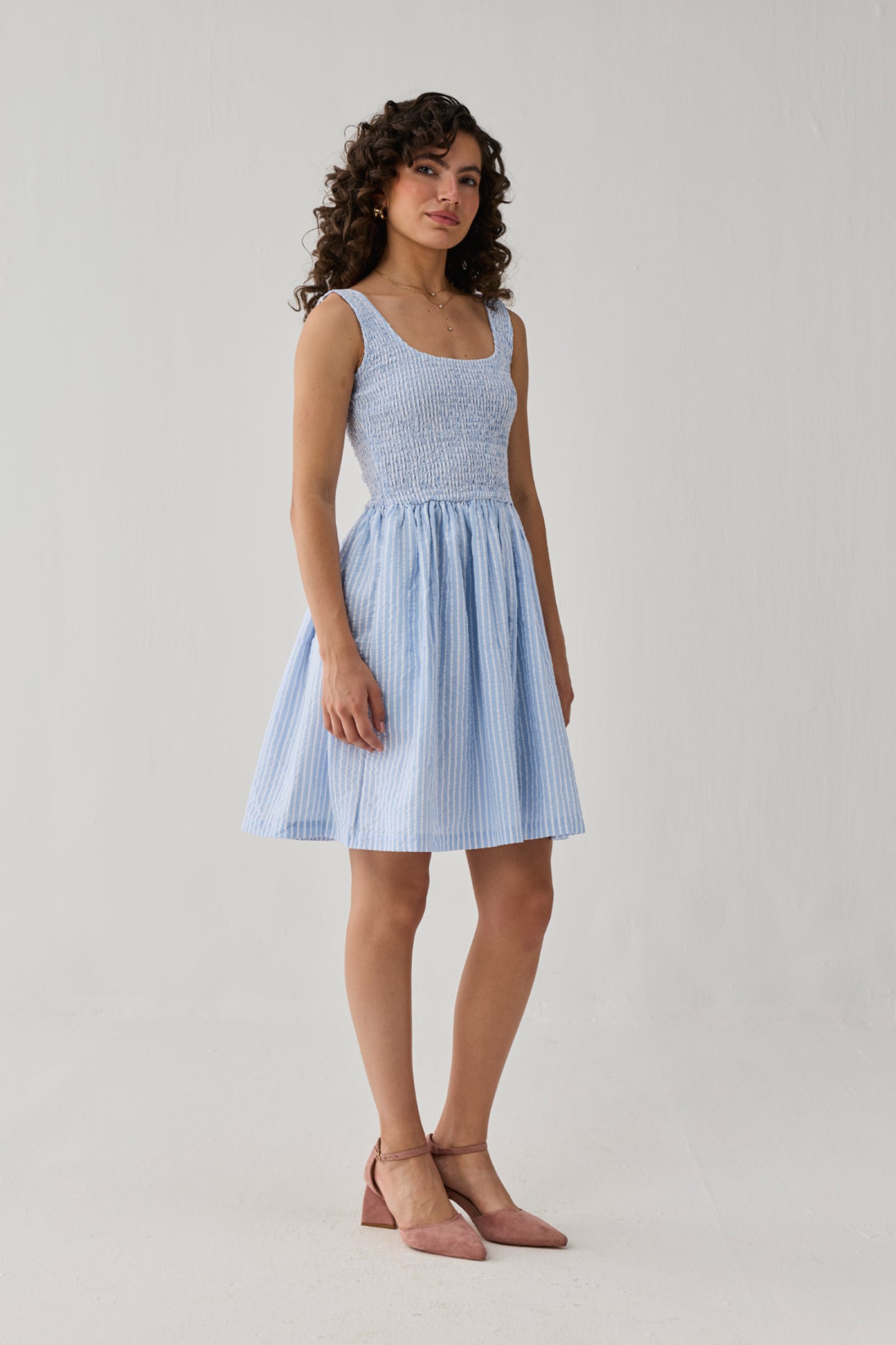 Smocked Short Dress in Blue Stripes