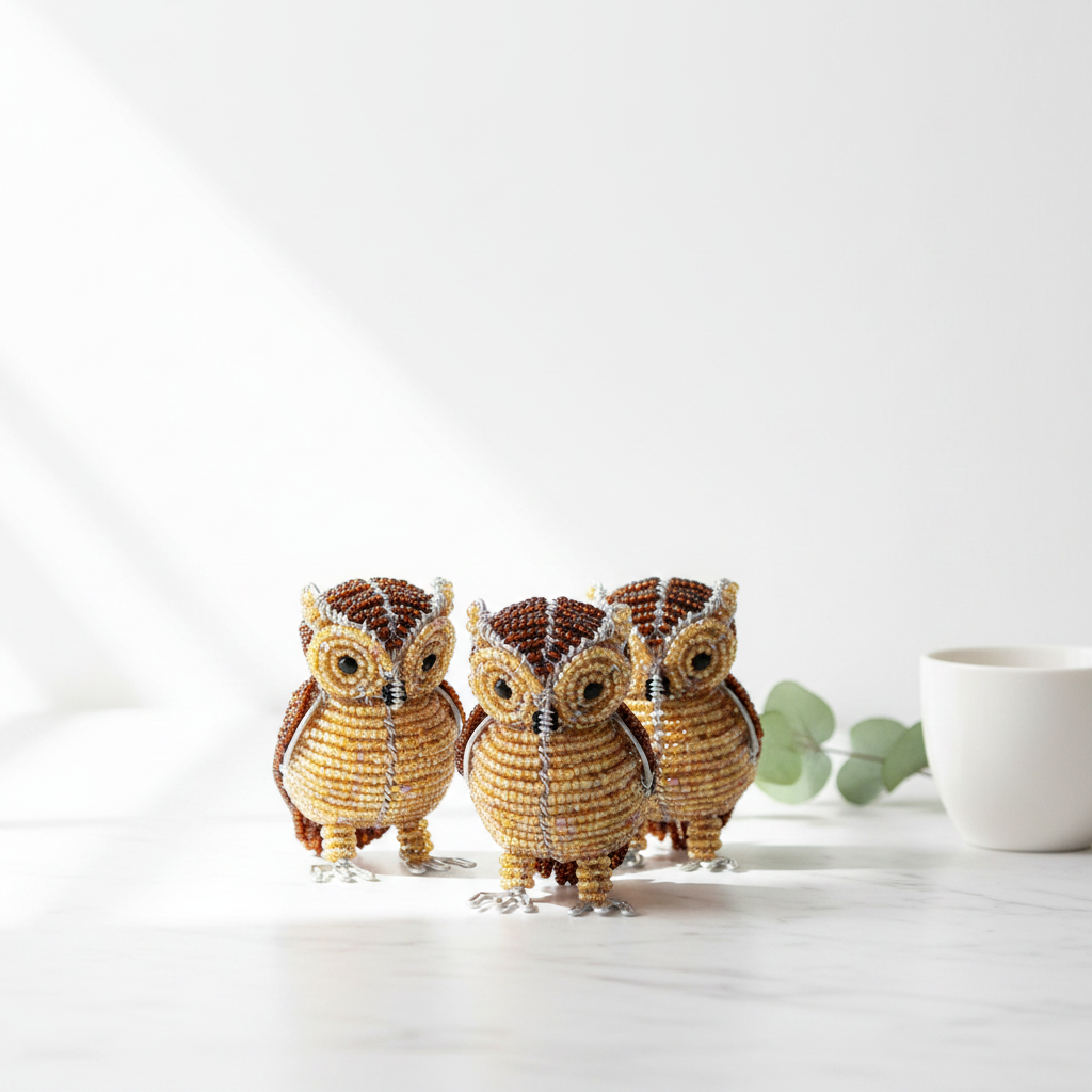 Handmade Beaded minimal Owl Figurine – Haitian Artisan Home Décor. (set of 3).