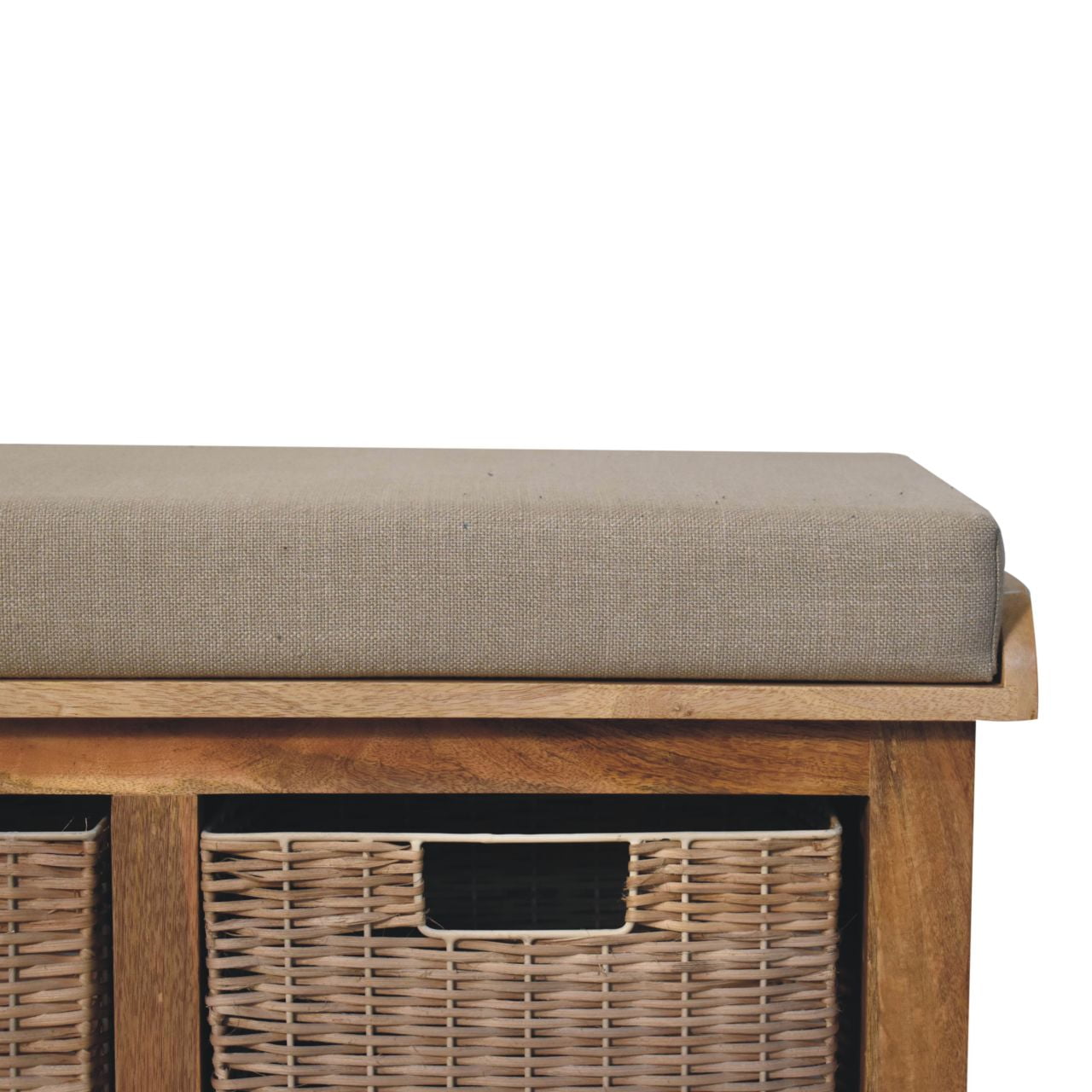Solid Wood Rattan Basket Linen Upholstered Bench