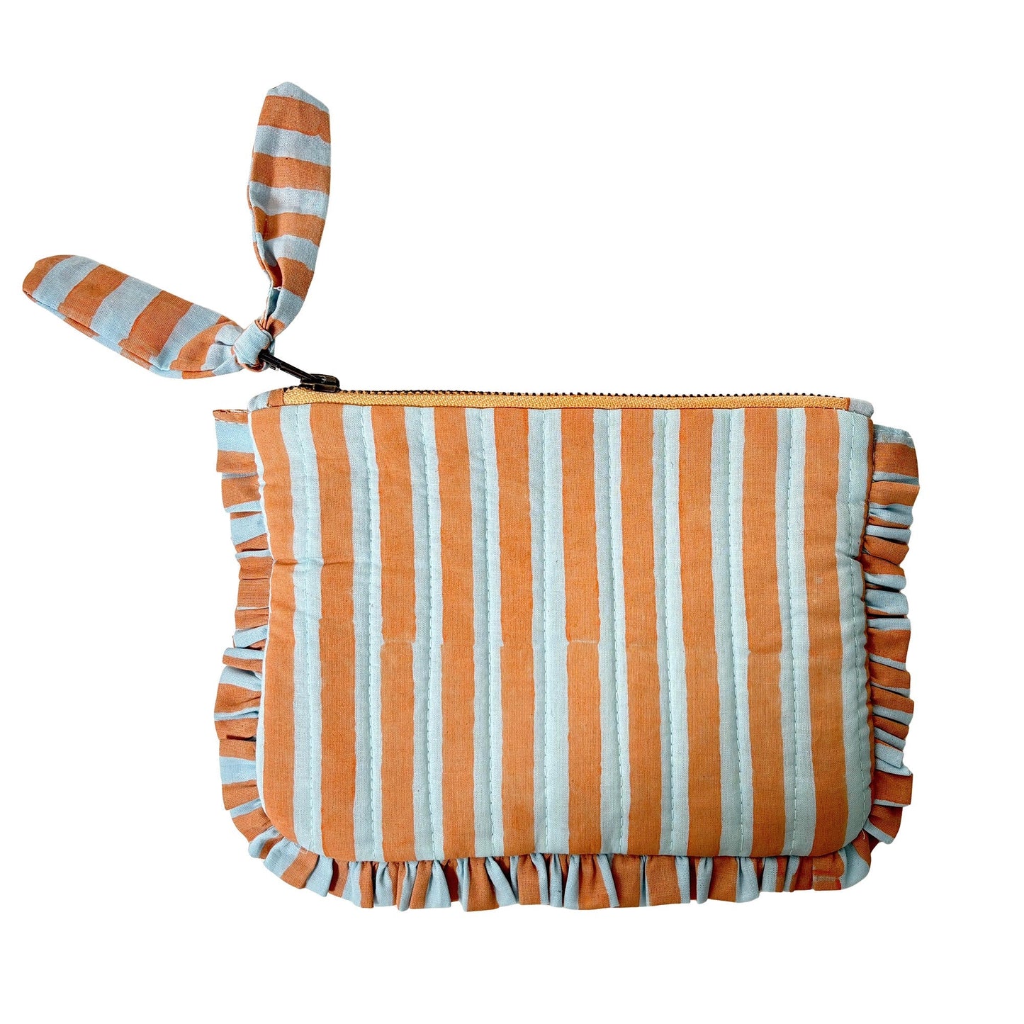 Quilted Cotton Travel Pouch with Ruffle Trim and Striped Design