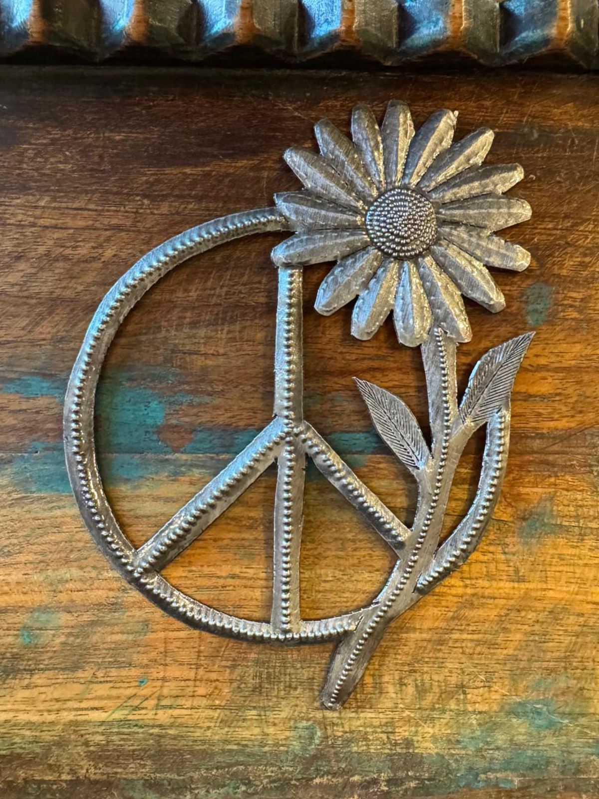 Peace Sign wih Sunflower, Handmade Metal Art 6.25"x4.5"