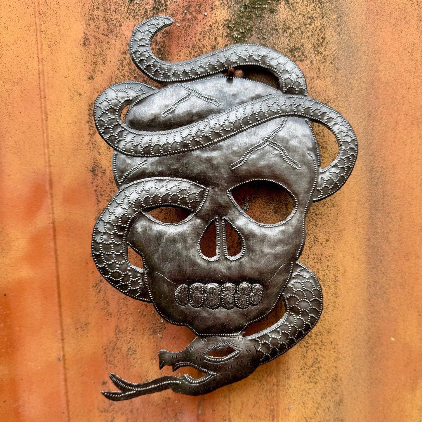 Skull Skeleton with Snake, Haitian Metal Art 10"x7"
