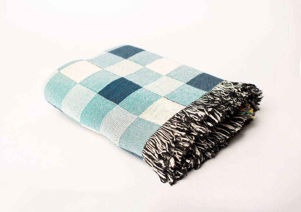 Blue Check Jacquard Woven Throw