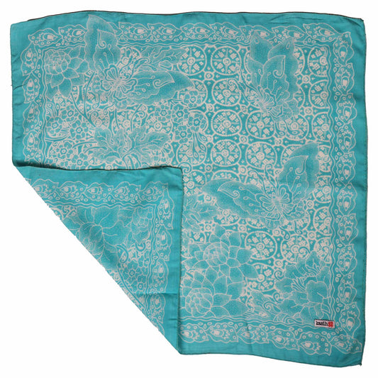 Fully Hand Drawn Batik Tulis Bandana, Teal Tile, Butterfly, Turquoise