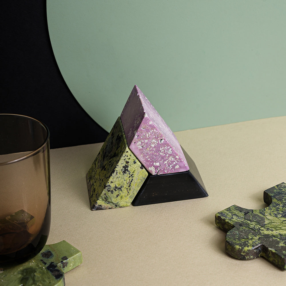 Triangle Gemstone puzzle  / 3piece candelabra Serpentine, Soapstone, Jasper