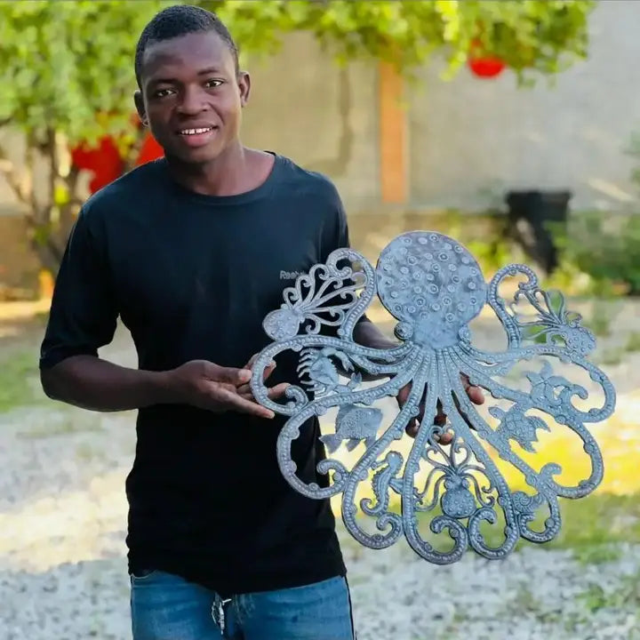 Haitian Metal Octopus Wall Art 23x23 Hand Chiseled Steel 