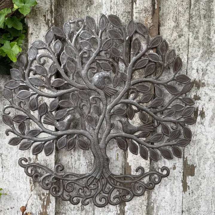 Haitian Metal Tree of Life Wall Art 23x23 Hand Chiseled 