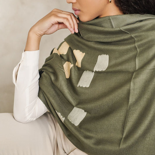 Sahara Olive Green Silk Merino Hand Woven Hand Embroidered Scarf
