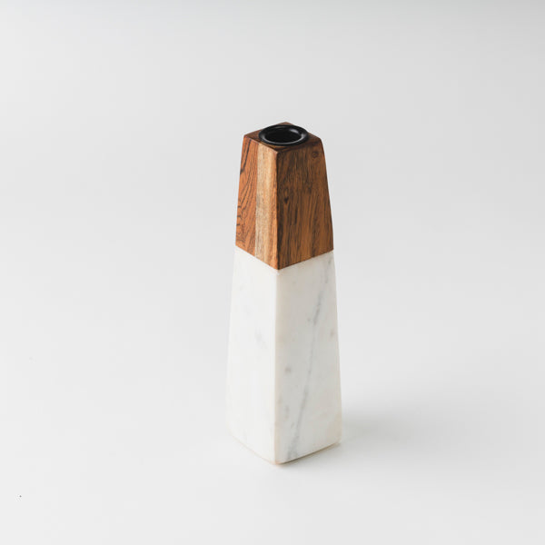 Tapered White Marble & Acacia Candleholder