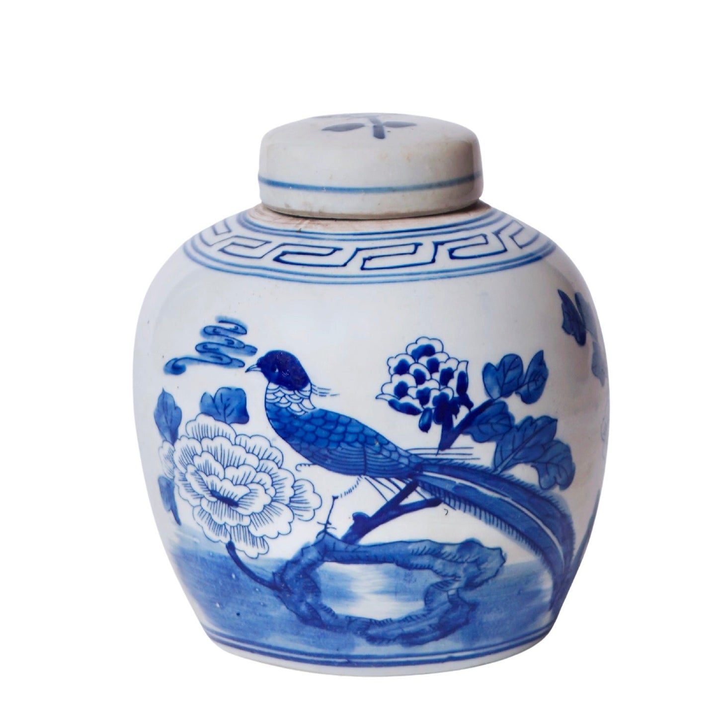 Blue and White Porcelain Pheasant Lidded Round Storage Jar