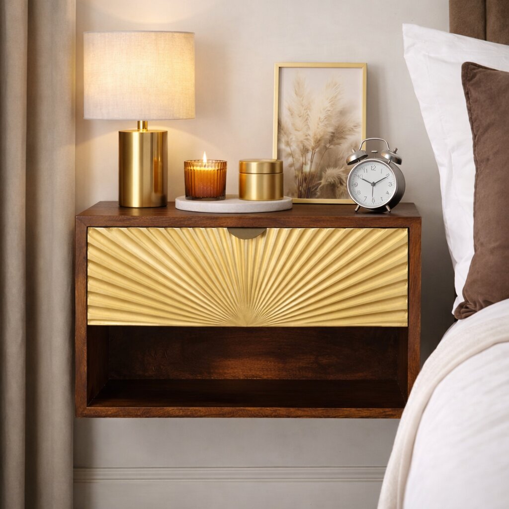 Solid Wood Sunburst Wall-Mounted Bedside