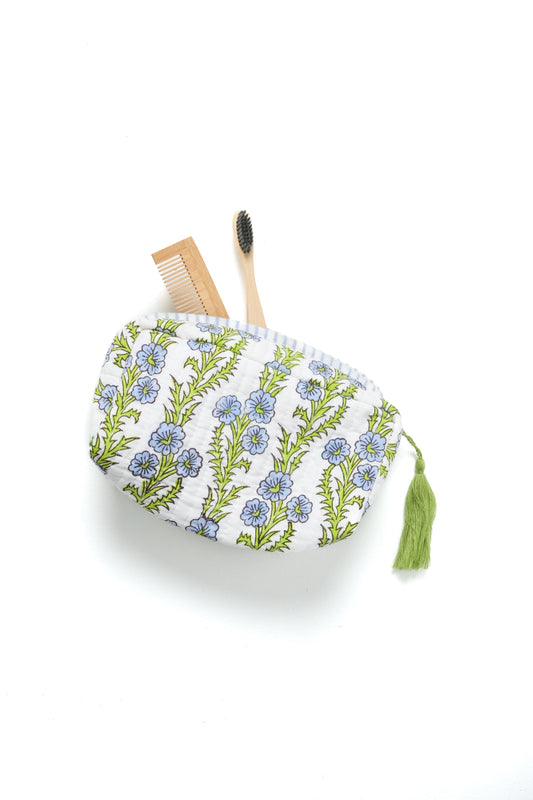 Forget-Me-Not Blockprint Makeup Bag in Blue
