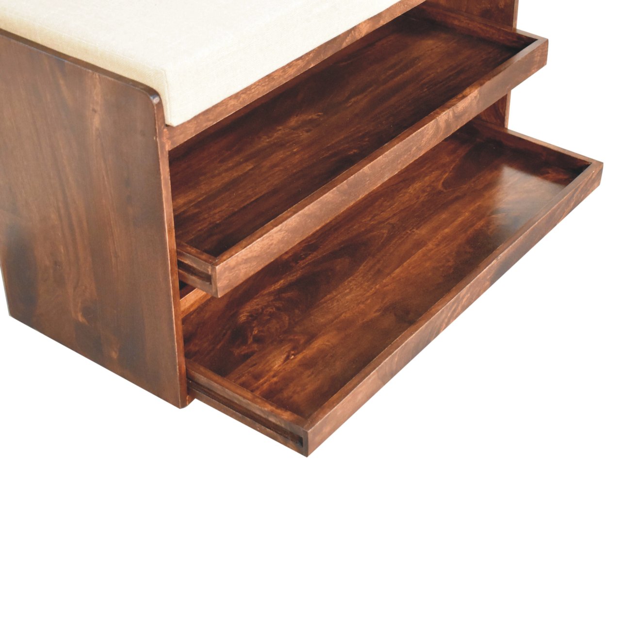 Solid Wood California Walnut & Mud Linen Pull out Shoe Bench
