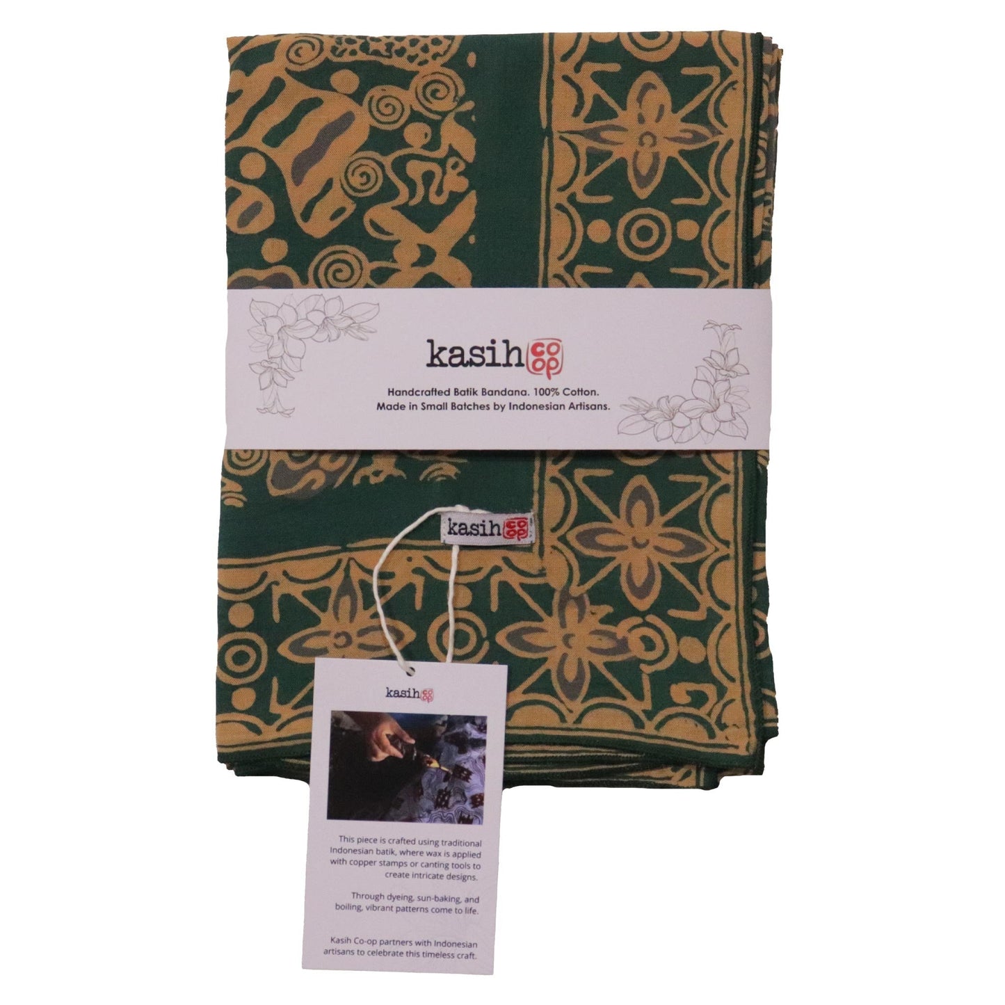 Large 39" Hand Dyed Batik Bandana, 100% Soft Cotton, Abstract Flowers, Teal, Patina Blue