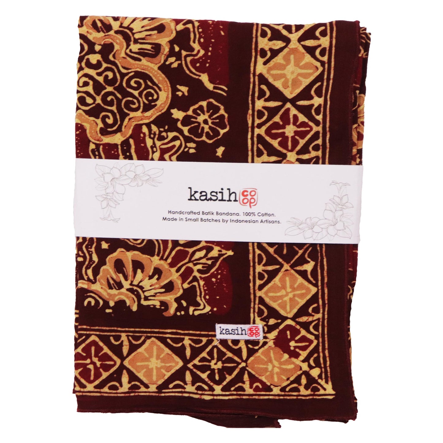 Large 39" Hand Dyed Batik Bandana, 100% Soft Cotton, Sunlit Garden, Red Burgundy