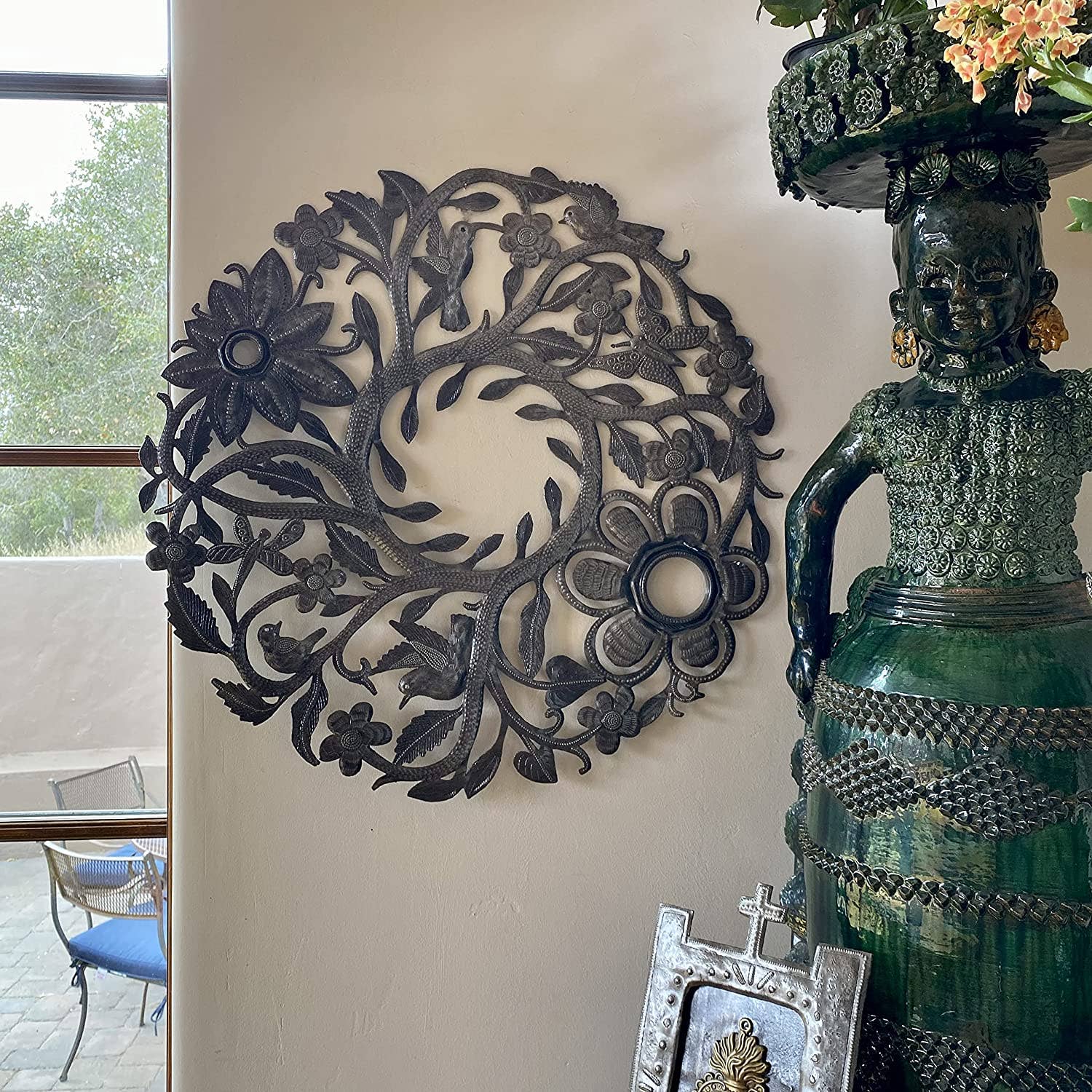 23" Organic Floral Wreath, Handmade Recycled Steel, Wall Hanging Art