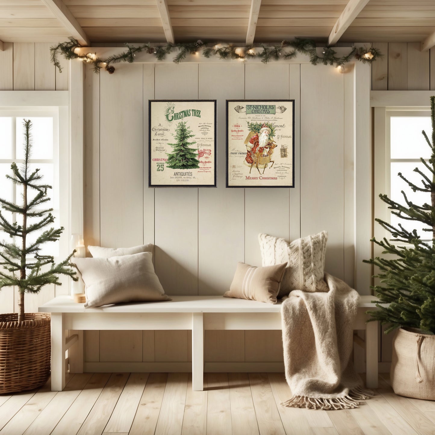 Vintage Painting of a Christmas Tree on a distressed bookplate background