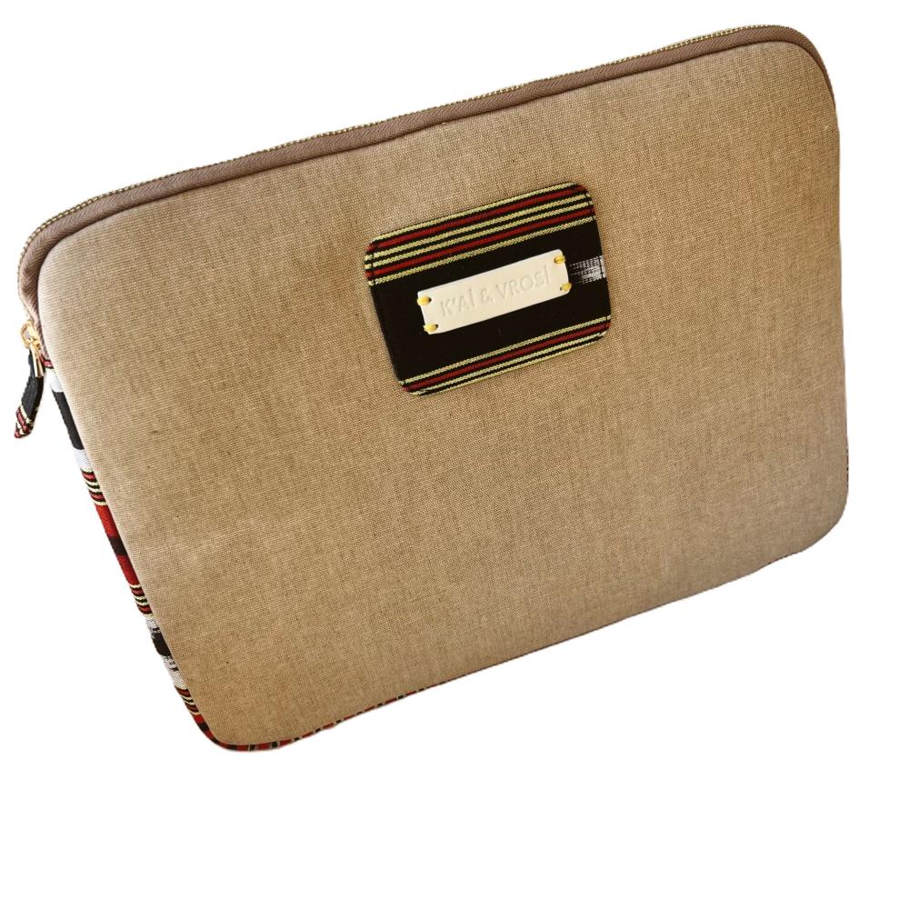 Zipped, Patterned, Cream Canvas Laptop Case for 13" 14"