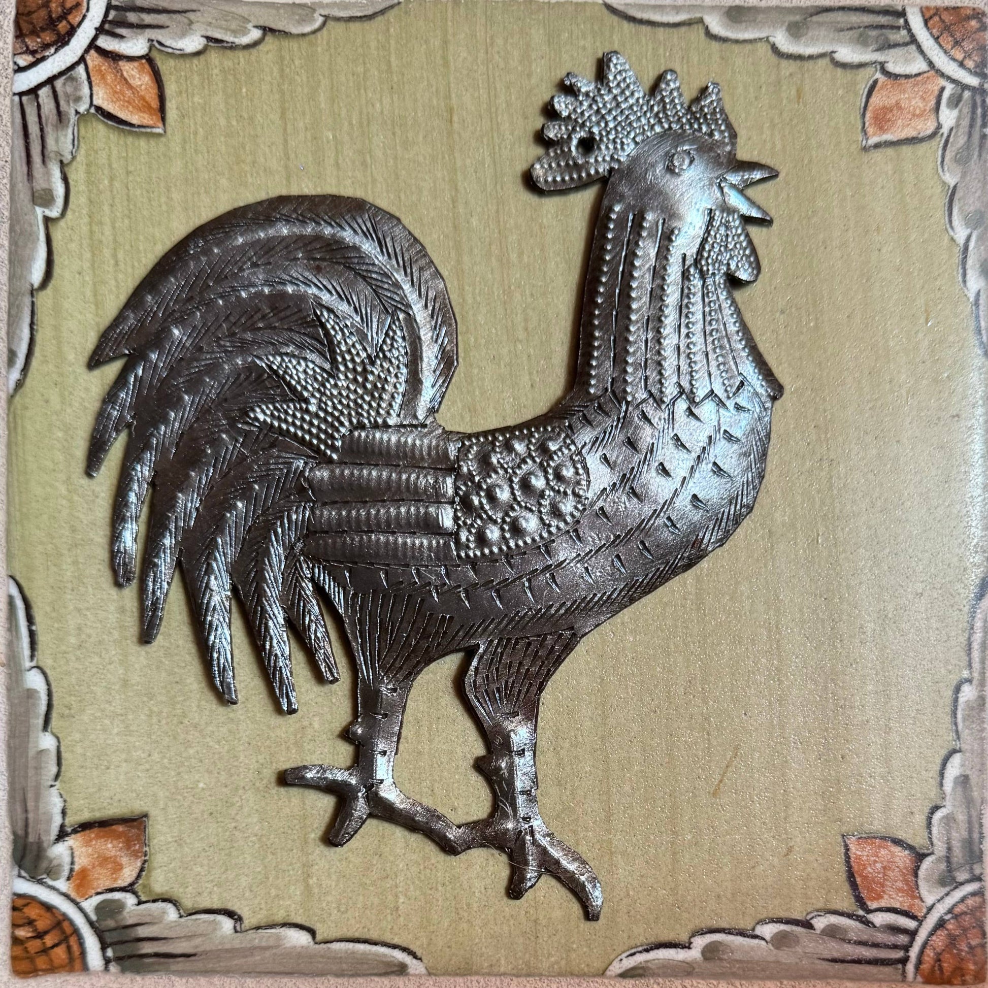 Farm Rooster, Handmade Christmas Ornament, Haiti  5" x 4.25"