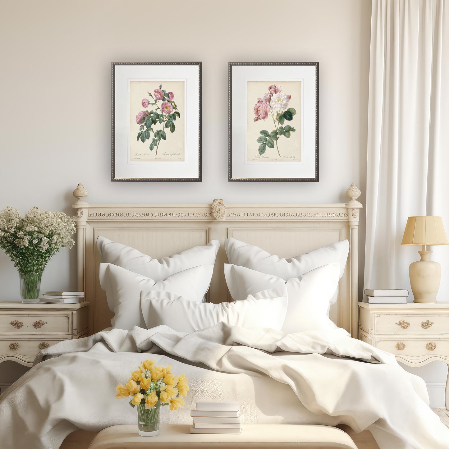 Vintage Rose Print in Beaded Pewter Frame