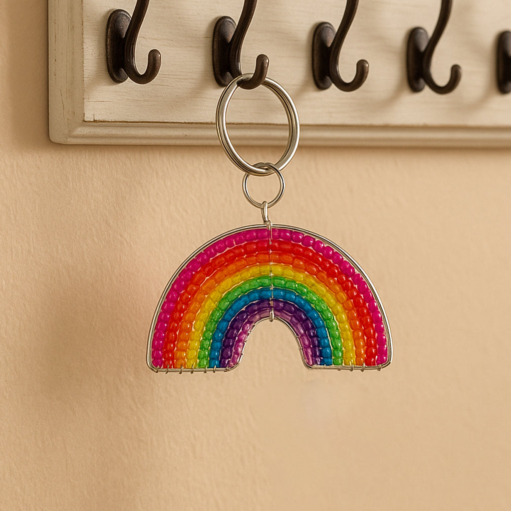 Handmade Beaded Rainbow Keyring – Haitian Artisan Keychain. (Set of 6)