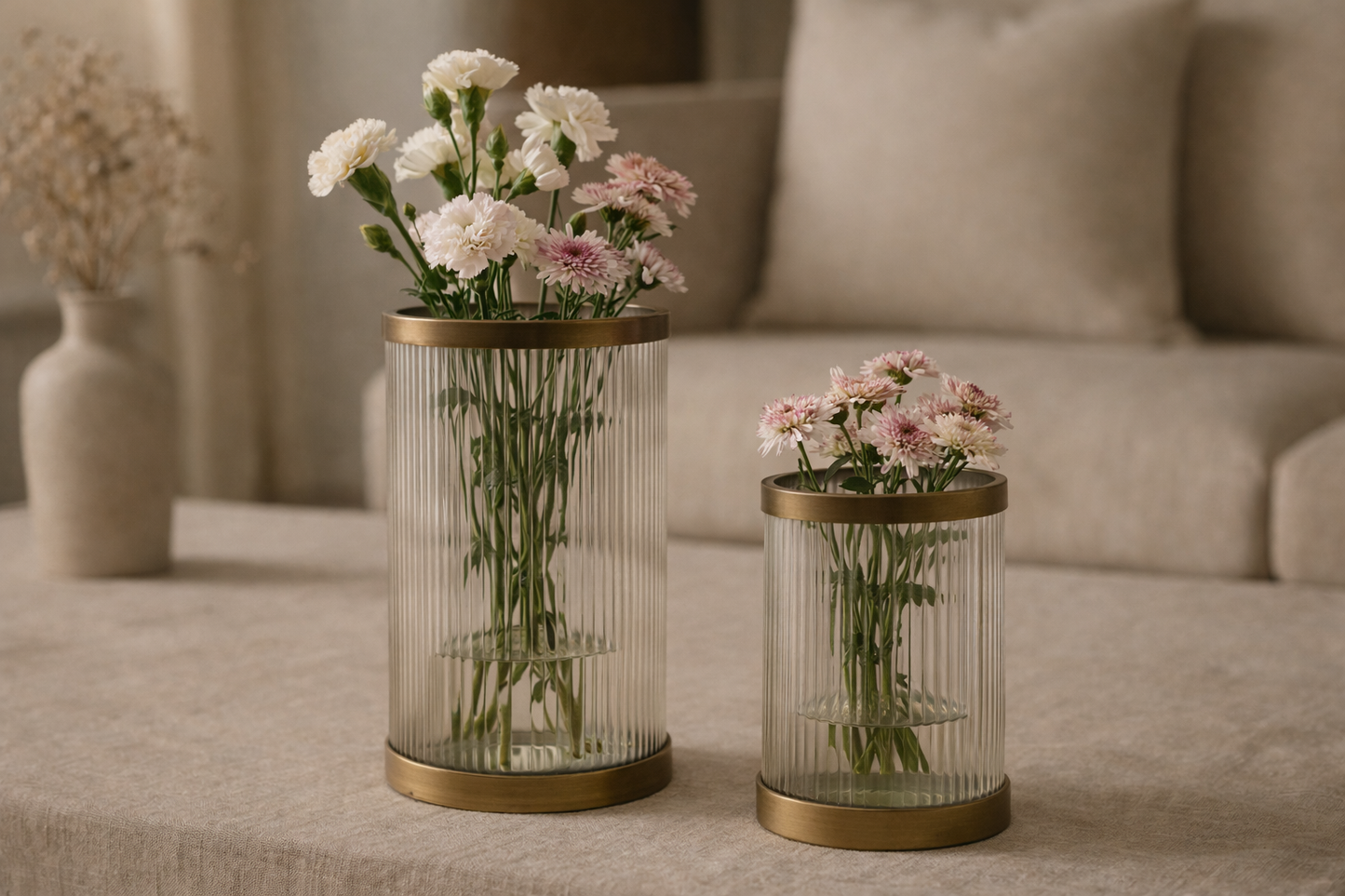 Raíz Studio Vetra Hurricane Holder with Ribbed Glass & Antique Brass Base