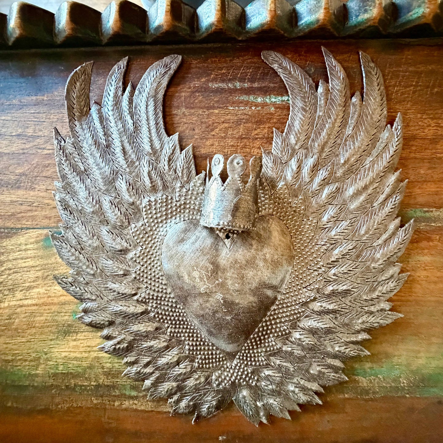 Sacred Heart Angel Wings Crown Haitian Metal Art Handmade
