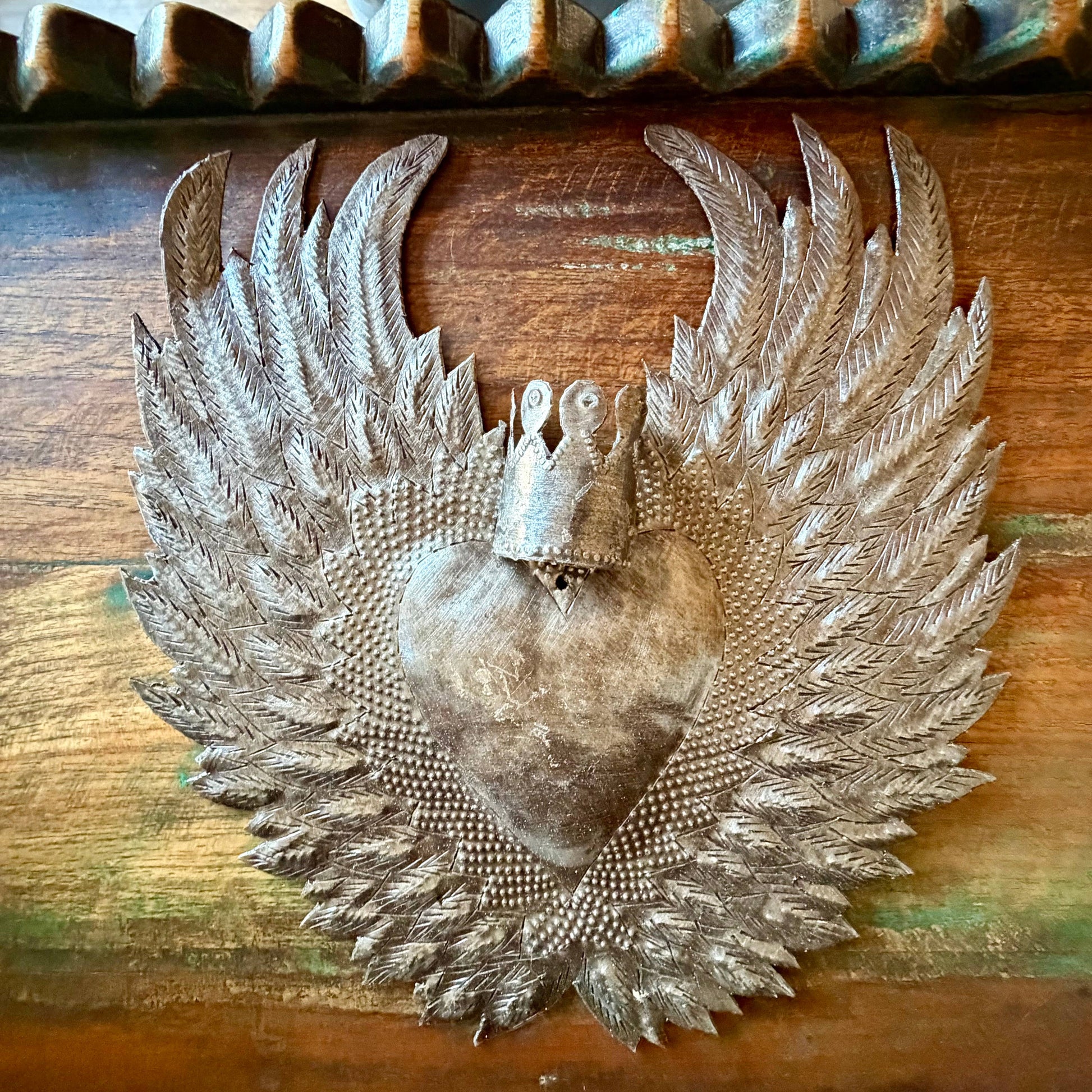 Sacred Heart Angel Wings Crown Haitian Metal Art Handmade