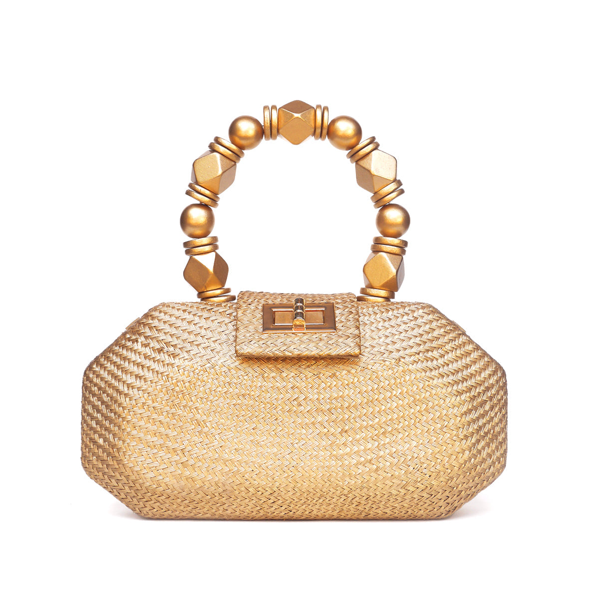 THE MELIA — Gold Woven Straw Clutch with Beaded Top Handle