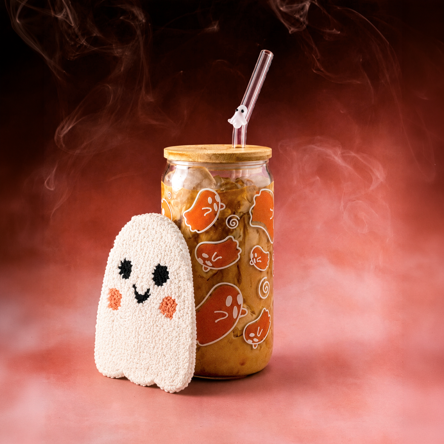 Color-Changing Ghostie 16oz Glass Cup, Mug Rug & Straw Bundle
