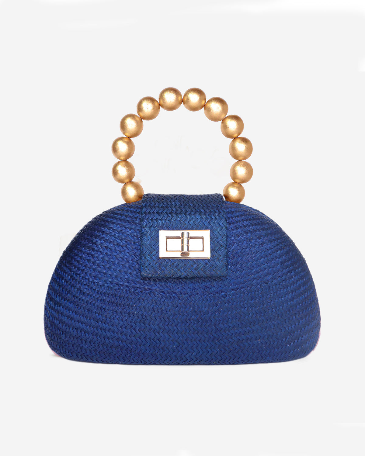 THE ORLA Navy Blue Woven Straw & Gold Bead Statement Clutch Bag