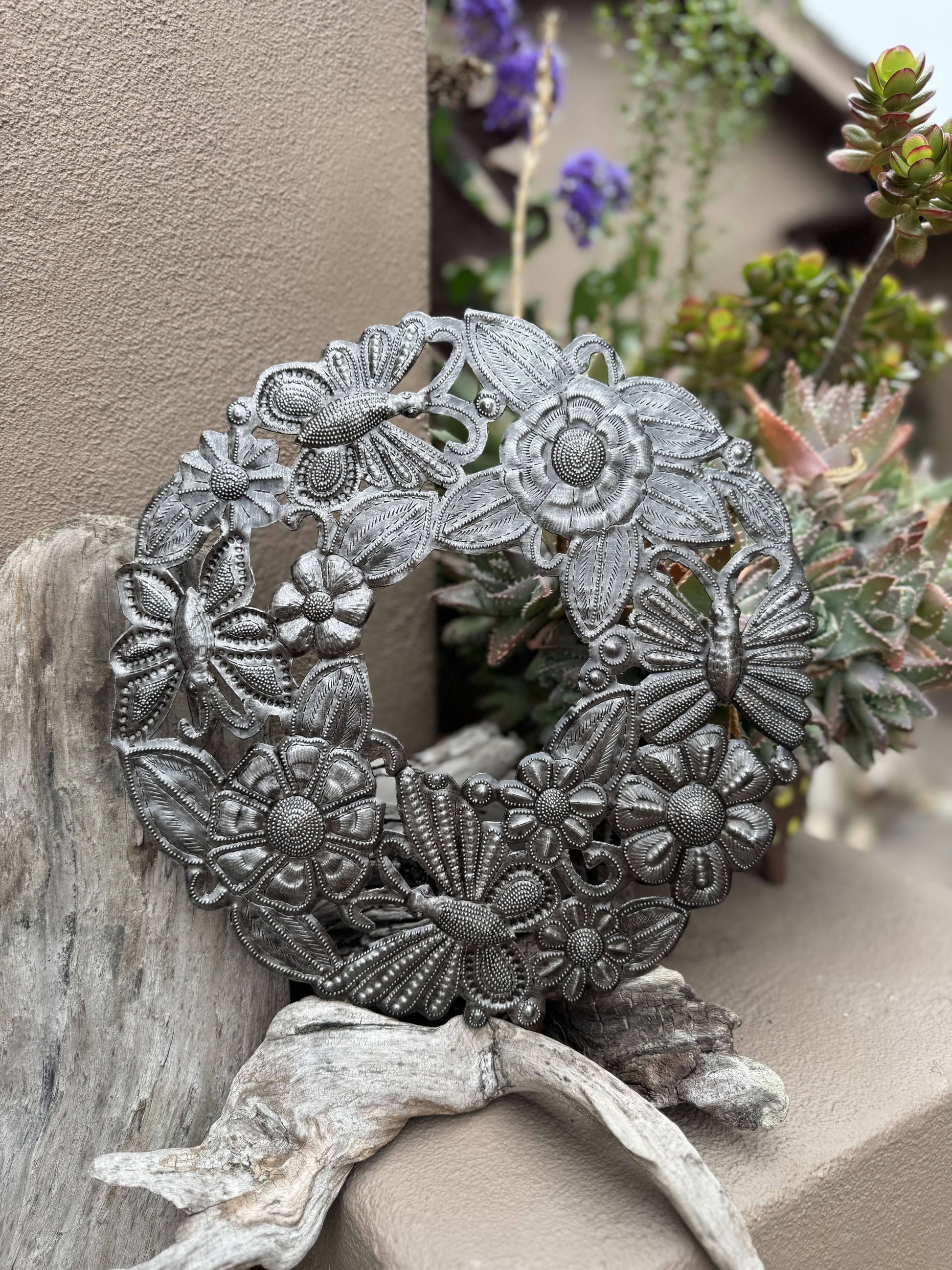 Recycled Metal Butterfly Floral Wreath  12" Fair Trade Haiti