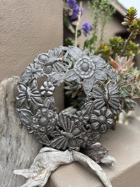 Recycled Metal Butterfly Floral Wreath  12" Fair Trade Haiti