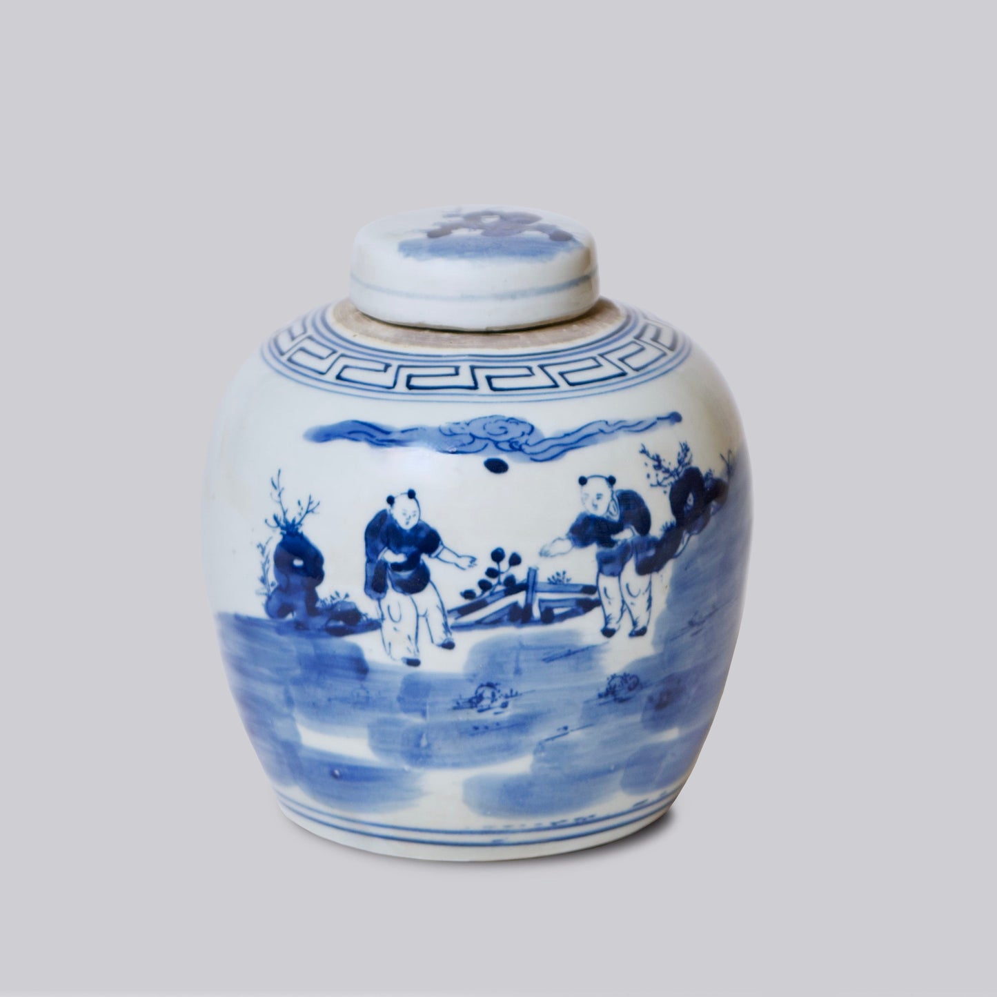 Blue and White Porcelain Playing Children Round Storage Jar